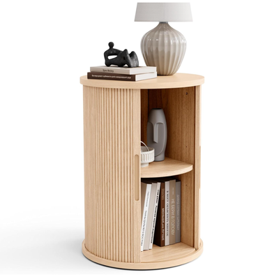 Round Fluted End Table, Tall Side Table with Sliding Tambour Door and Storage Shelf, Modern Bedside Table, Mid-Century Nightstand for Living Room, Bedroom - 18" x 18" x 23.6"/Nature